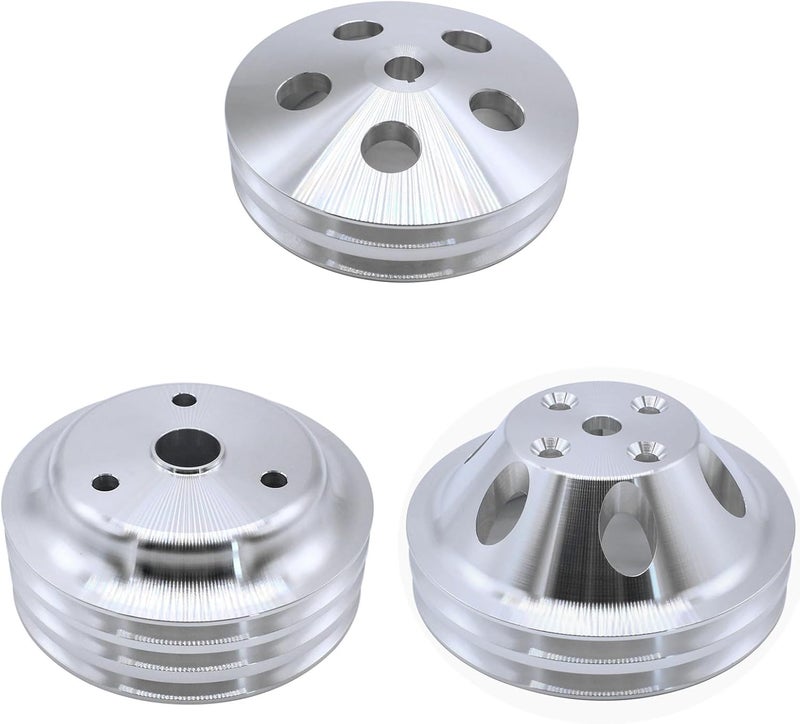 Prefer Warehouse Chrome 3Pcs Polished Aluminum Power Steering and Water Pump and Crankshaft Pulley 3/2 Groove Kit Compatible with SBC Chevy 265 283 305 327 350 383 400 V8 Long Water Pump - Image 1